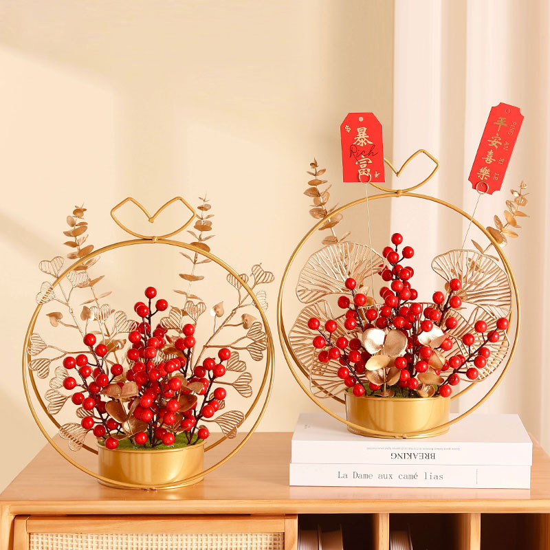 Wholesale New Year Red Paste Fortune Fruit Artificial/Fake Flower Decoration Living Room Desktop Decorative Flower Basket Moving into the New House Gift