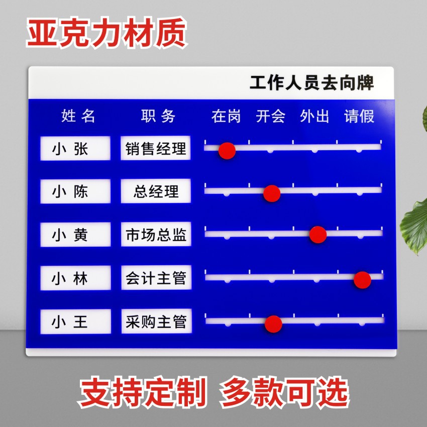 亚克力单位工作人员去向告知牌员工岗位牌在岗状态指示牌公告牌