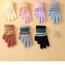 冬季手套可爱卡通男童女童加绒加厚分指学生写字保暖触屏五指针织