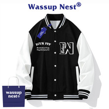 WASSUP NEST美式棒球服男款加绒加厚高街宽松情侣夹克外套vintage