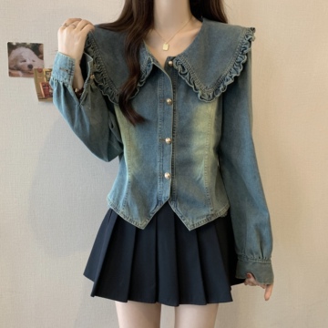 复古短款牛仔衬衫外套女春秋款大码胖妹妹显瘦正肩欧货娃娃领上衣