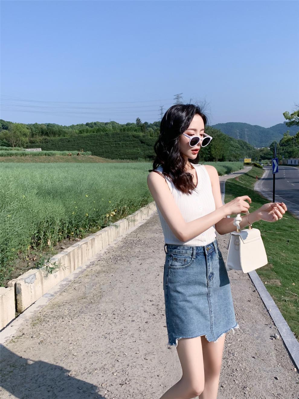 港版高腰蓝色牛仔裙半身裙包臀裙带内衬打底超火显瘦简约a字短裙