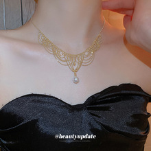珍珠蕾丝项链女12MM轻奢风复古宫廷设计镀24K金流苏蕾丝编织项链