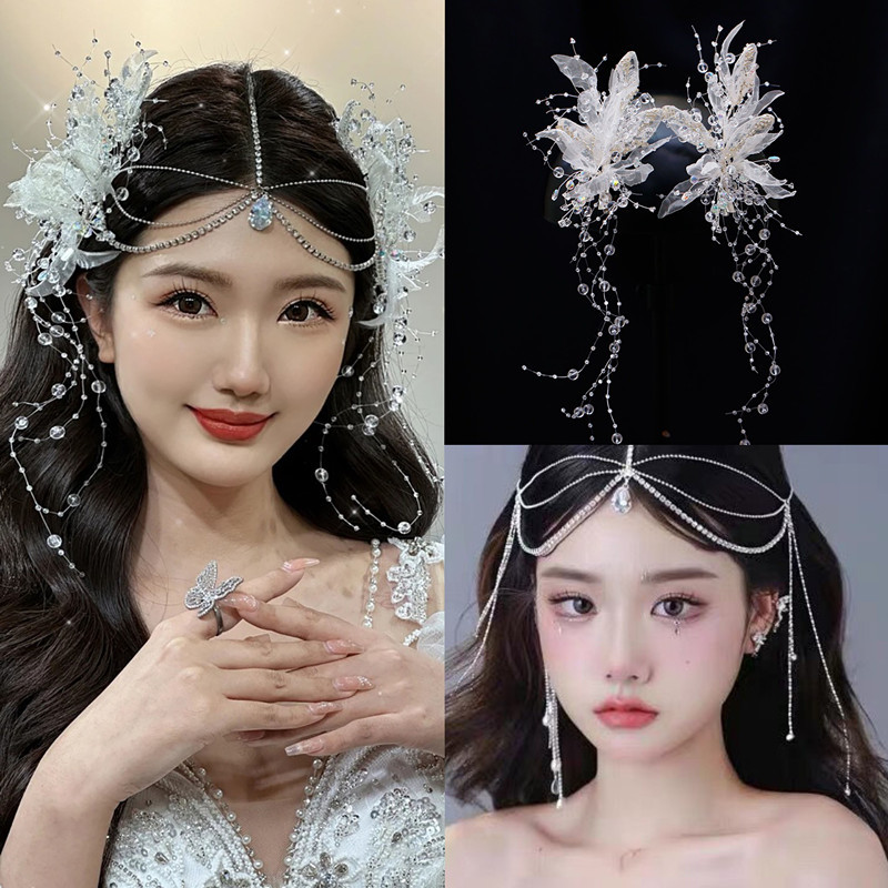 日韩人工水晶串珠叶子对夹发饰新娘礼服跟妆造型绢纱发夹头饰品