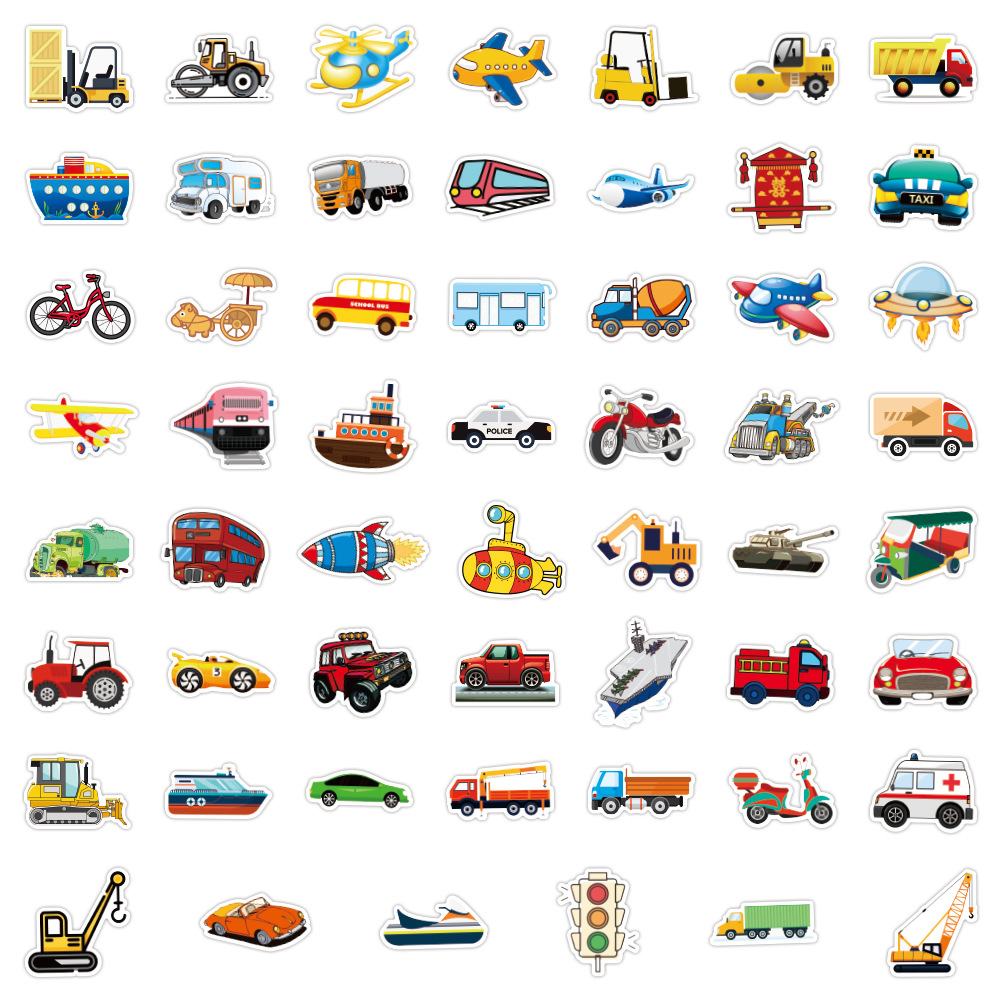 50张卡通交通工具标识儿童贴纸手机文具装饰头盔电动车滑板车贴画