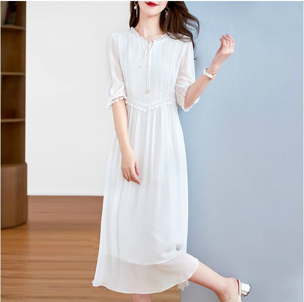 大码真丝连衣裙子女2023春夏季新款10姆米桑蚕丝素色乔其中长裙子