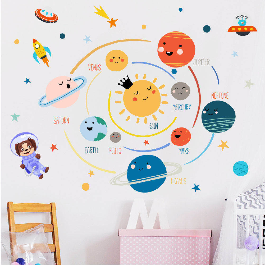 手绘太阳系幼儿园墙贴宇宙太空星球太阳系银河系行星儿童卡通贴纸