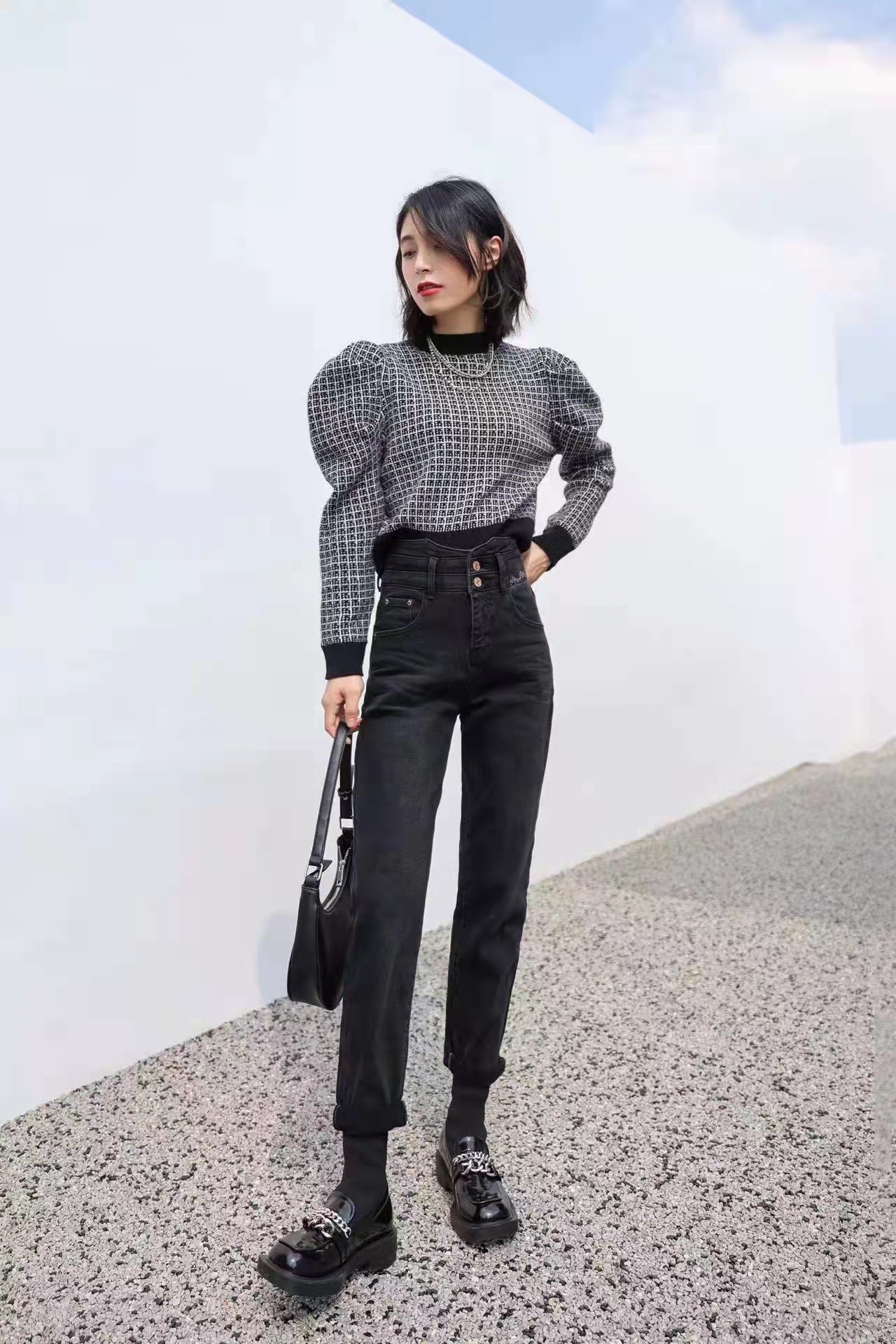 捉毛厚款直筒哈伦老爹牛仔裤女80386款