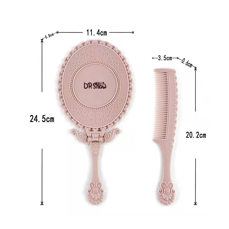 Portable Beauty Mirror and Comb Set Retro Desktop Handle Dual-Use Folding Mirror and Comb Package Two-Piece Set