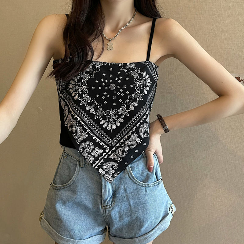 港味复古设计感不规则三角巾针织上衣大码胖mm夏季宽松吊带小背心