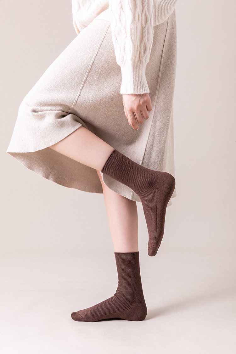 秋冬新款咖色系羊绒女袜双针纯色女士中筒棉袜韩版学院风学生袜子