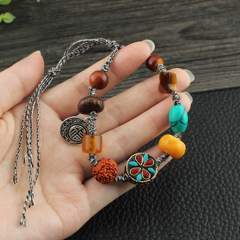 Vintage Nepal Beads Woven Bracelet Women's New Chinese Style Multi Jewels Bracelet Tibetan Ethnic Style High-End Hand Jewelry Accessories