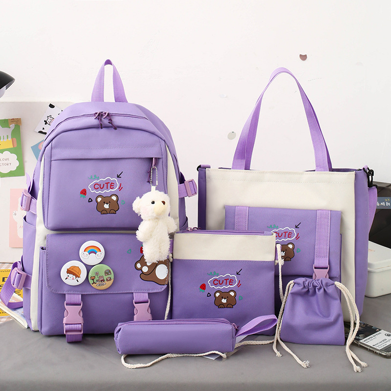 New Primary School Student Schoolbag Five-Piece Set Female Lightweight Cute Bag Student Backpack Girl Backpack One Piece Dropshipping