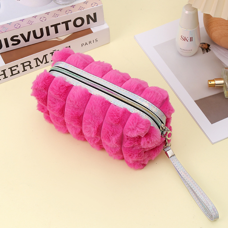 New Fashion Simple Cosmetic Bag Rabbit Fur Strip Long Velvet Cosmetic Bag Large Capacity Handbag High-End Storage Bag