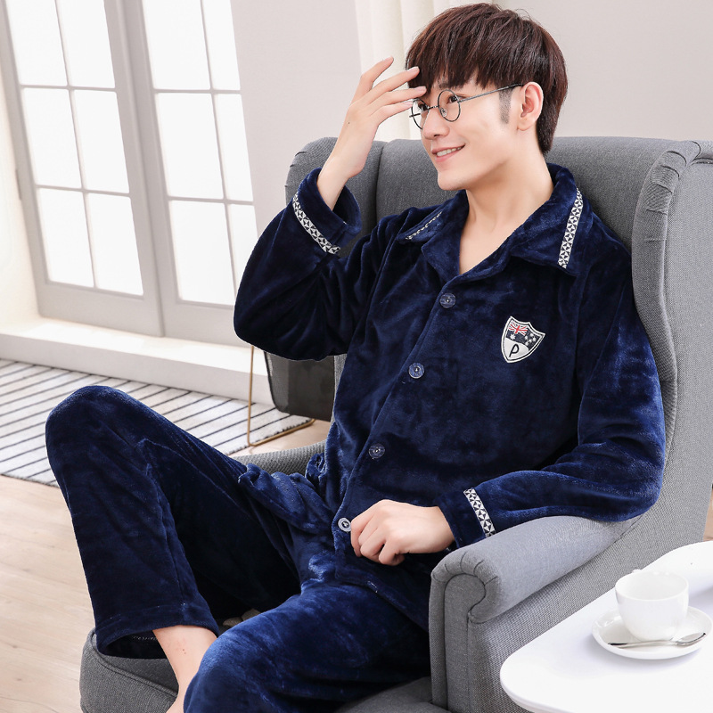 睡衣男法兰绒冬季翻领加厚珊瑚绒加肥加大码200斤男士家居服套装