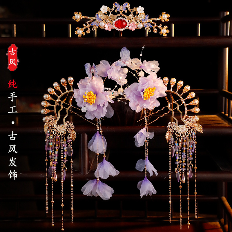唐风手工绢纱花朵流苏古风发饰套装发冠发钗对夹掩鬓整套头饰