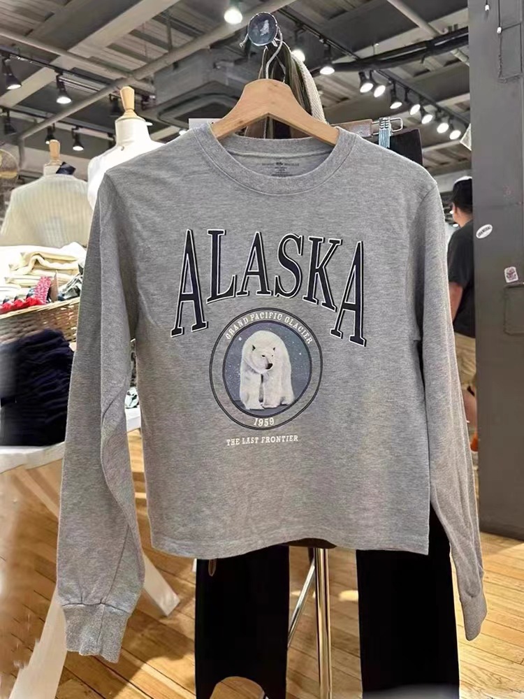 bm风 秋季新款纯棉灰色alaska字母印花薄卫衣bm北极熊长袖t恤女潮