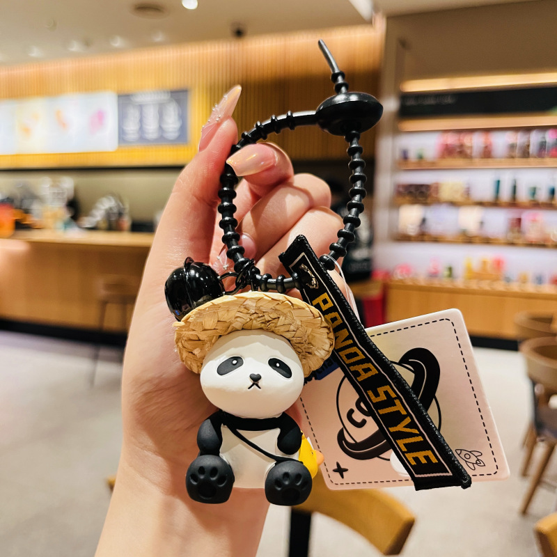Genuine Straw Hat Little Friend Panda Series Creative Cartoon Hand Rope Keychain Bell Pendant Small Gift Wholesale