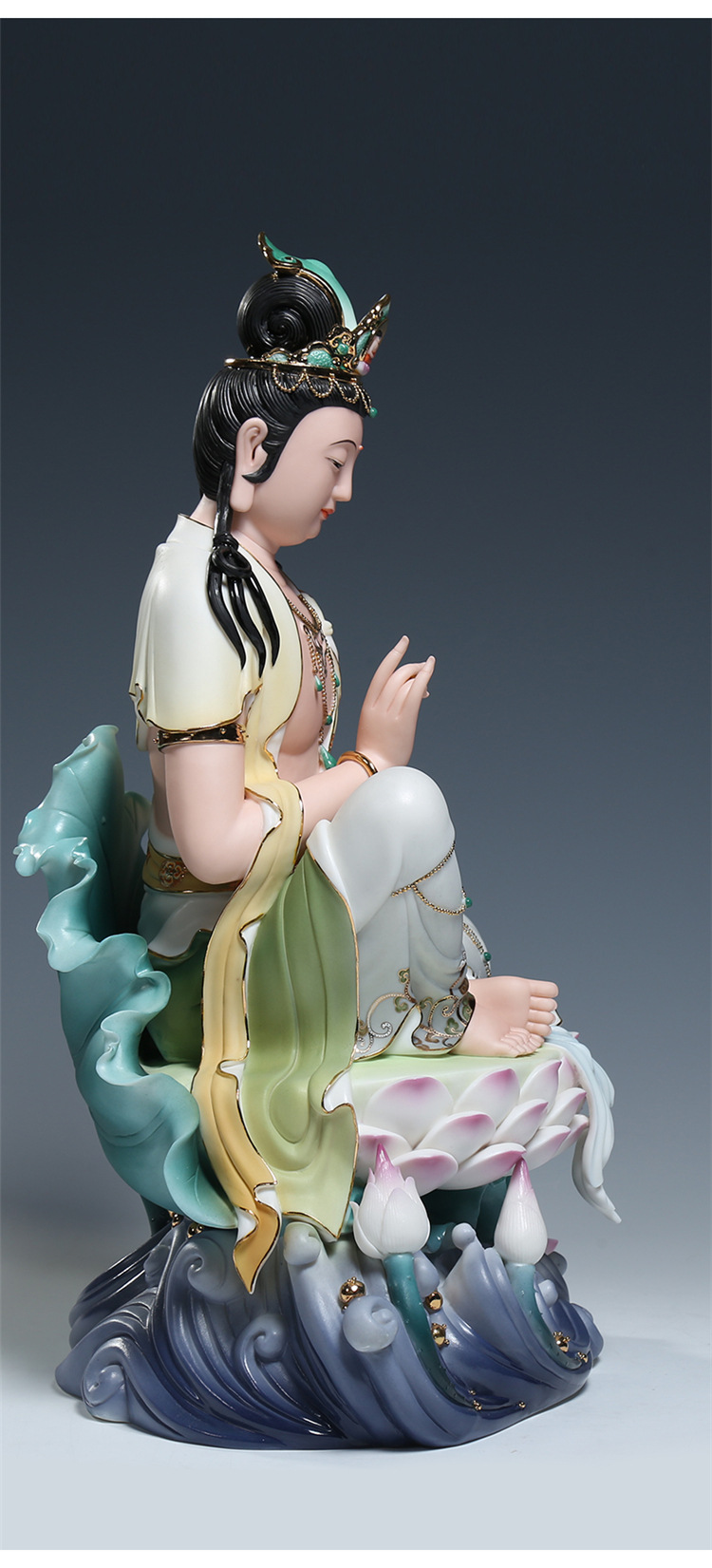 德化陶瓷16吋坐荷海浪持珠观音佛像供奉家用观世音菩萨收藏品摆件