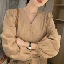 早春新款大码女装韩版修身显瘦设计感V领抽绳长袖衬衣M-4XL 200斤