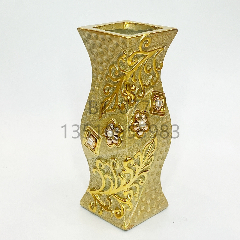Sandy Gold Inlaid Beads Ceramic Vase 10-Inch 25cm High-Grade Modern Living Room Home Ornaments Flower Pot Crafts