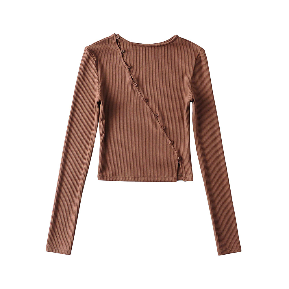 289-22春季新款 欧美复古防旗袍盘扣长袖斜门襟t恤细坑条纯色打底