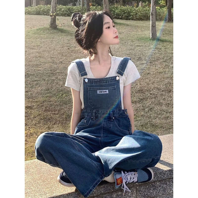 复古牛仔背带裤女秋冬宽松高腰直筒阔腿裤女吊带裤小个子拖地裤子