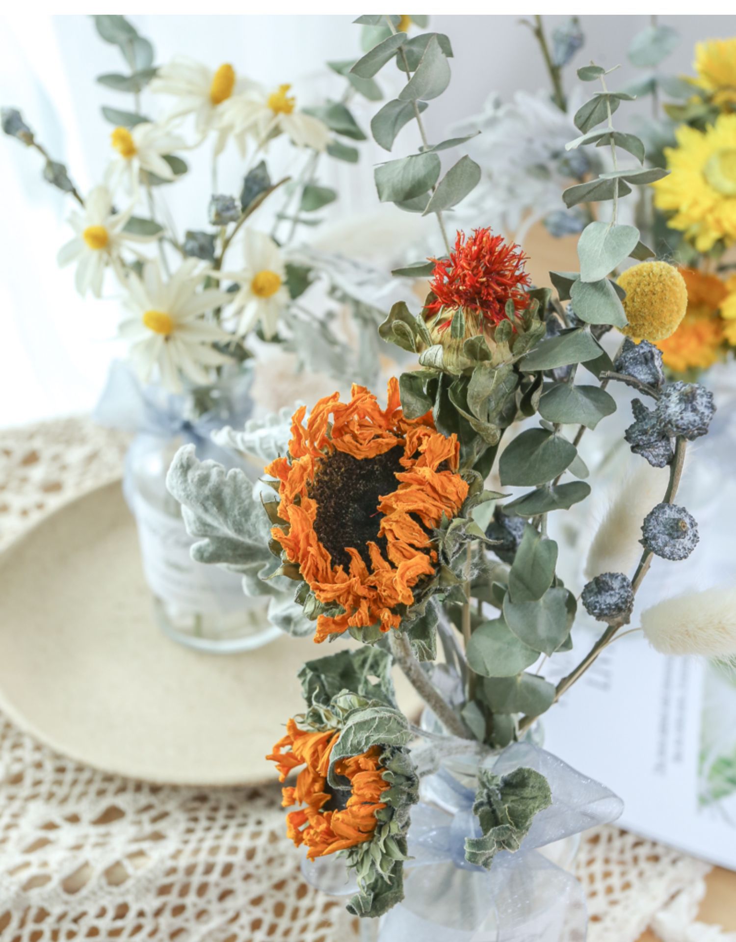 小雏菊尤加利轻奢干花花束客厅摆设网红真花风干家居装饰