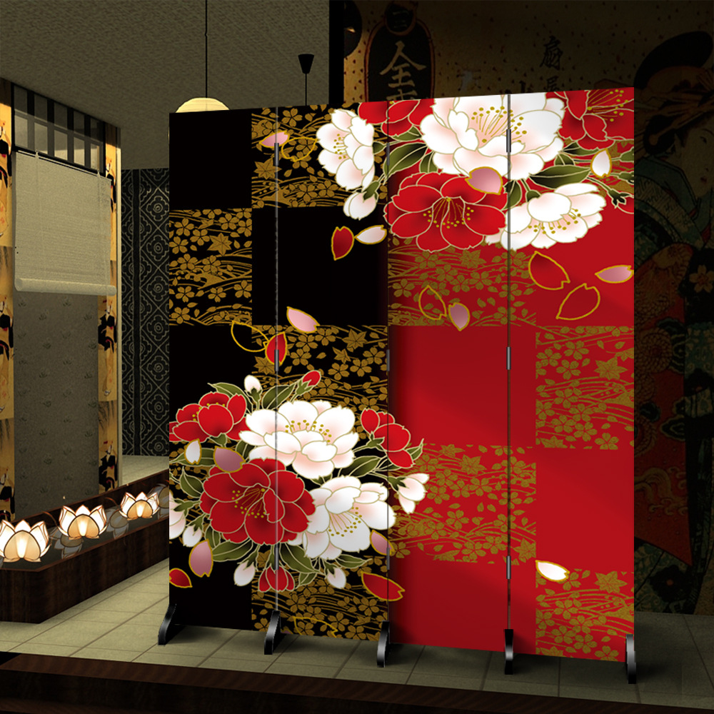 日式新款浮世绘屏风酒店会所玄关花卉摄影隔断装饰可移动入户门