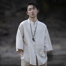 中国风亚麻中山衬衫男七分袖唐装中式棉麻休闲薄款衬衫夏季青年潮