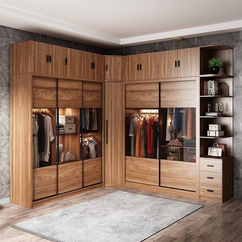 推拉门衣柜转角90度家用卧室现代简约玻璃门轻奢组合柜移门大衣橱