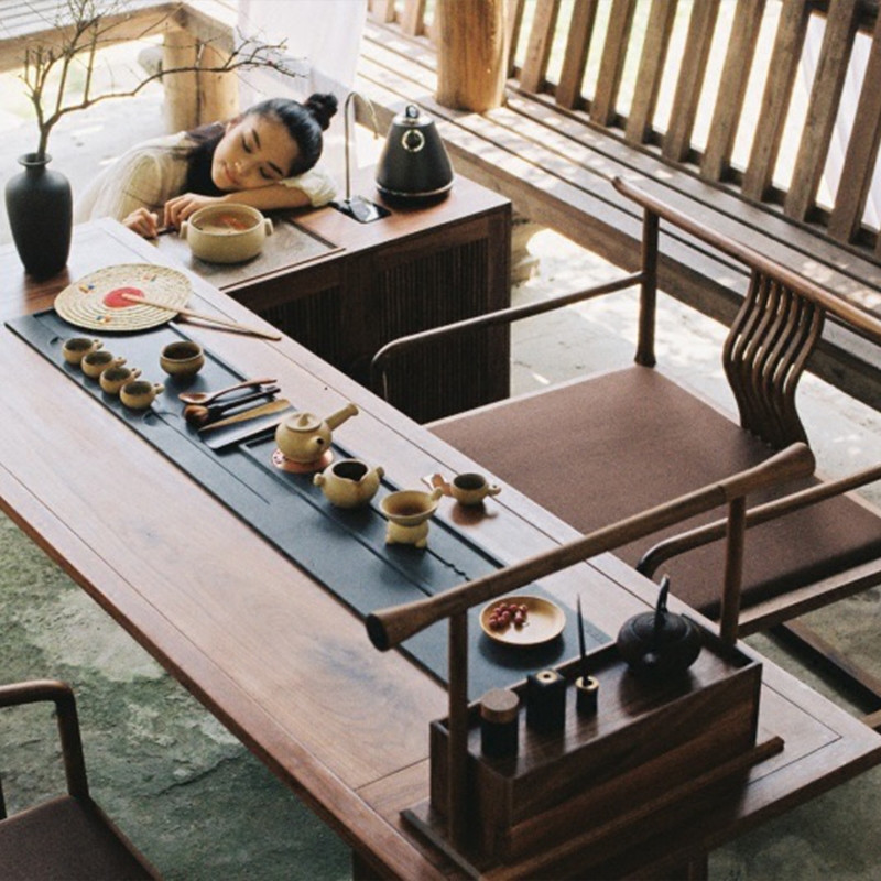 新中式茶艺桌 实木功夫茶桌禅意喝茶台简约黑胡桃木茶几茶室家具