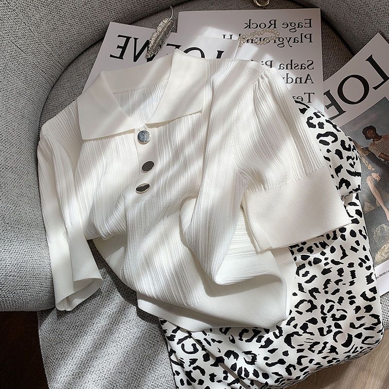 冰丝衫薄款短袖针织衫女夏新款短袖气质小香风翻领高级感上衣