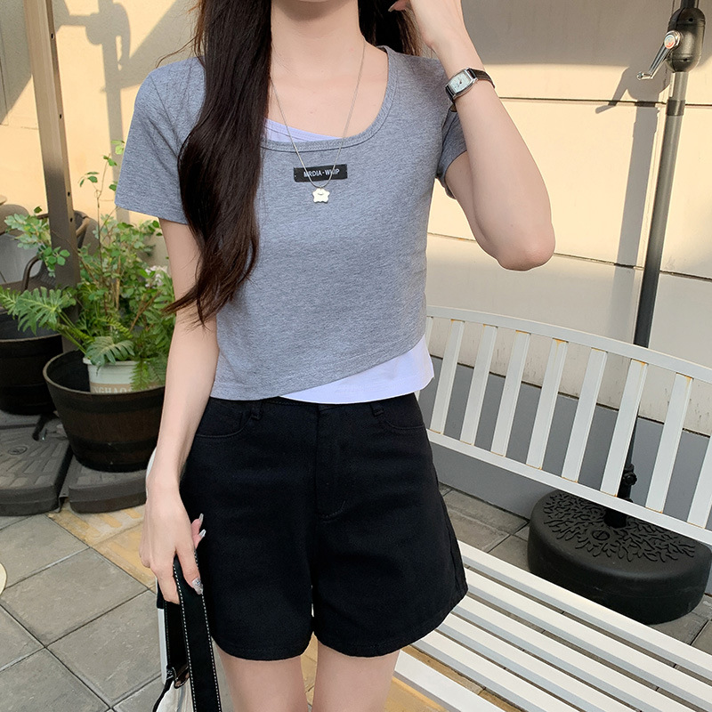 Fake Two-Piece Cotton T-shirt Women Short Sleeve 2023 New Summer Half Sleeve Shoulder Short Design Sense Square Collar Top