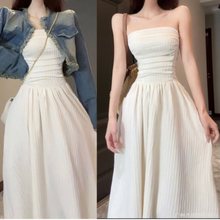 茶歇法式连衣裙白色抹胸子女夏季甜辣妹收腰气质长裙桔梗两件套装