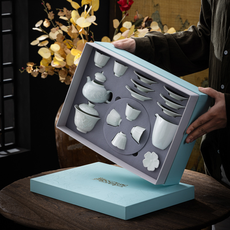 misty blue embossed hover gaiwan teapot teacup a complete set of ceramic household kung fu tea set sets high-end gift box-packed