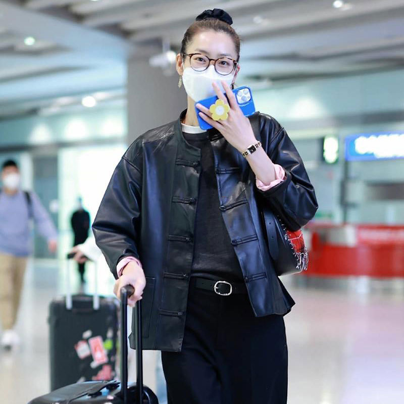 明星刘雯同款衣服2023春秋宽松绵羊皮真皮皮衣外套女帅气皮夹克潮