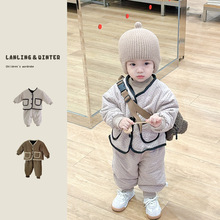 韩版宝宝冬季新款婴幼儿波点加厚棉衣套装婴儿保暖棉衣两件套冬装
