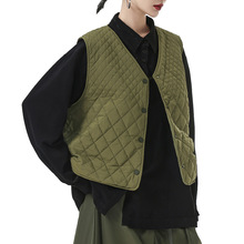 工装菱格v领棉背心马甲女式秋冬季宽松外搭叠穿休闲短款开衫外套