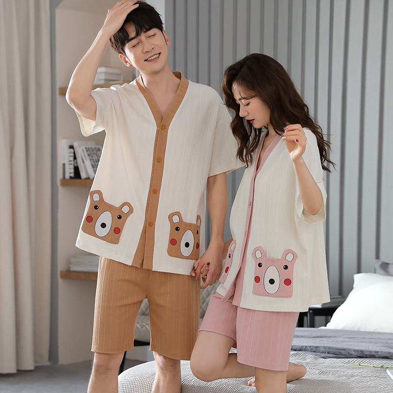 Mengyunian 2023 Summer New Knitted Cotton Couple Short Sleeve Cardigan Kimono Pajamas Suit Men's and Women's Leisure Wear