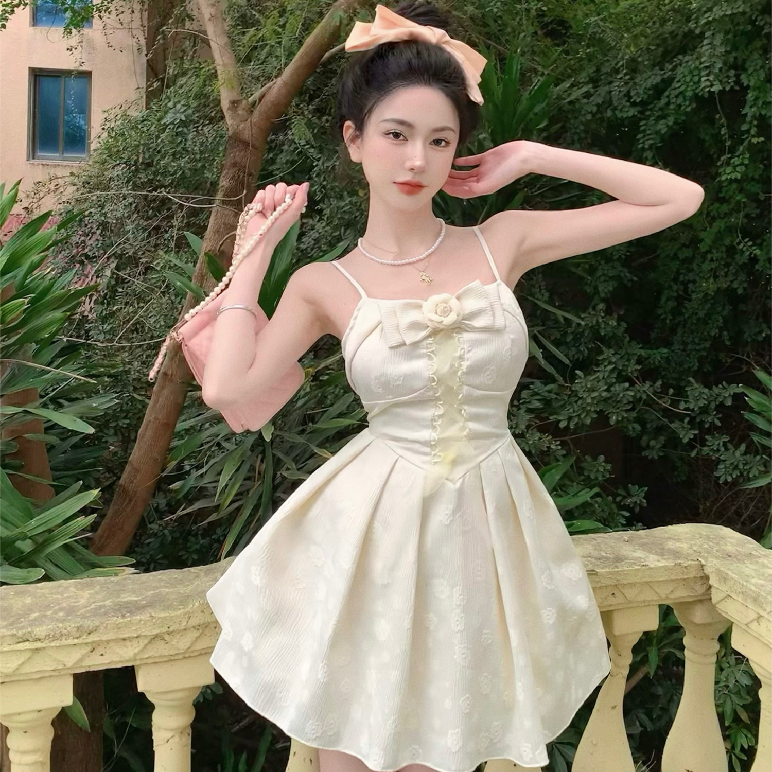 甜美清新公主裙提花蝴蝶结绑带收腰显瘦高腰抹胸吊带连衣裙x4194