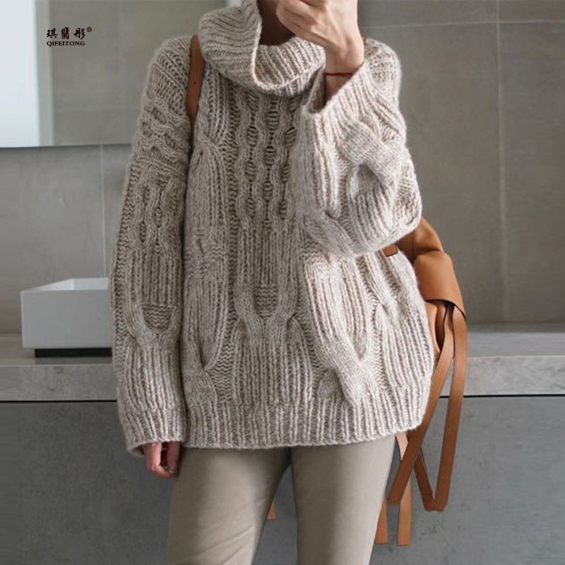 羊毛混纺秋冬女装新款手工棒针高领宽松廓形慵懒风针织衫毛衣上衣