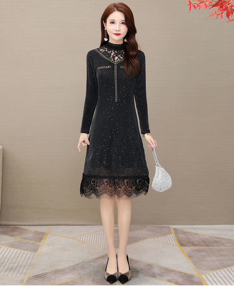 加绒加厚保暖连衣裙女冬裙2020年新款韩版胖mm蕾丝拼接打底裙内搭
