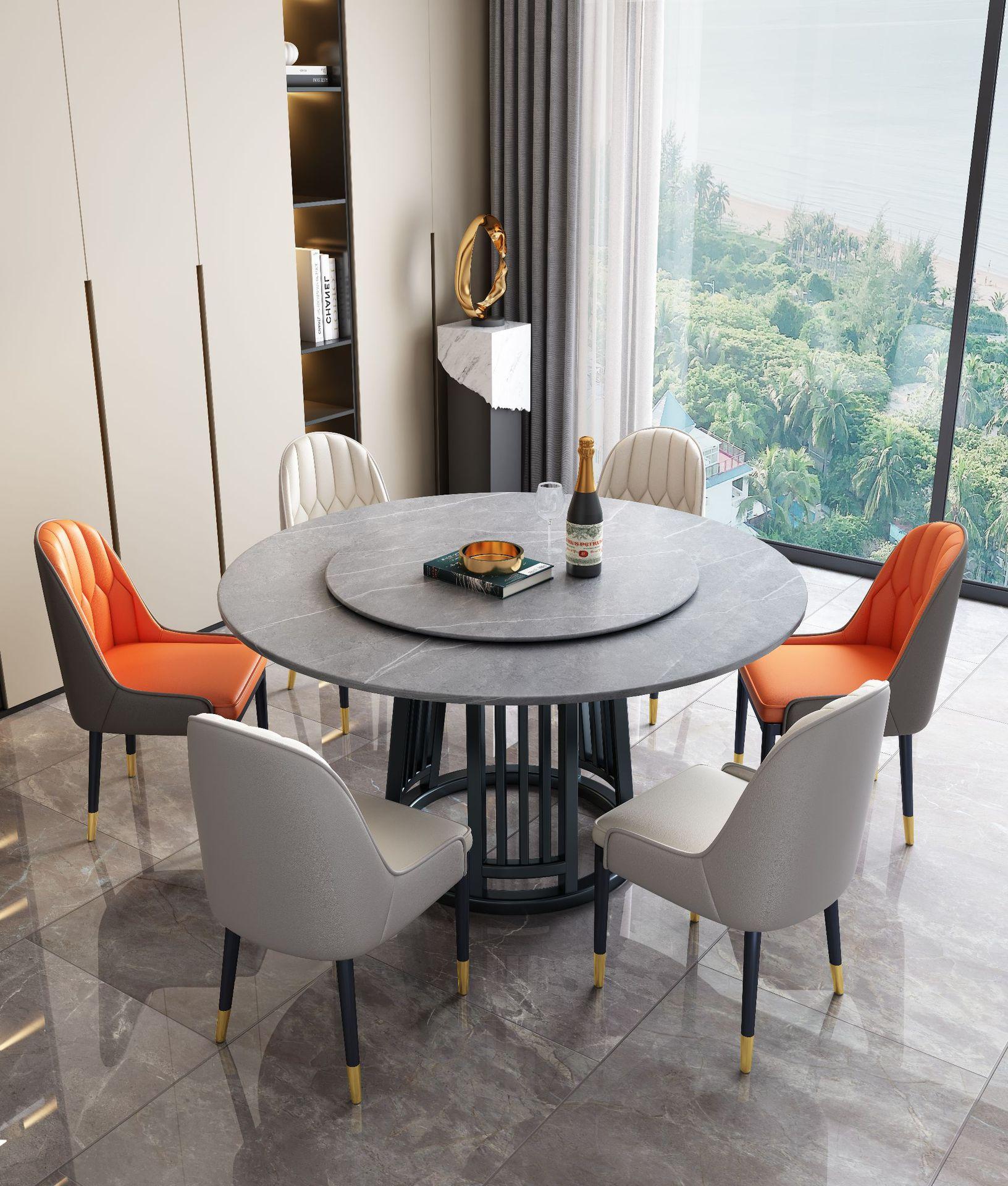 轻奢大理石餐桌圆形现代简约家用金属圆桌岩板带电磁炉转盘饭桌子