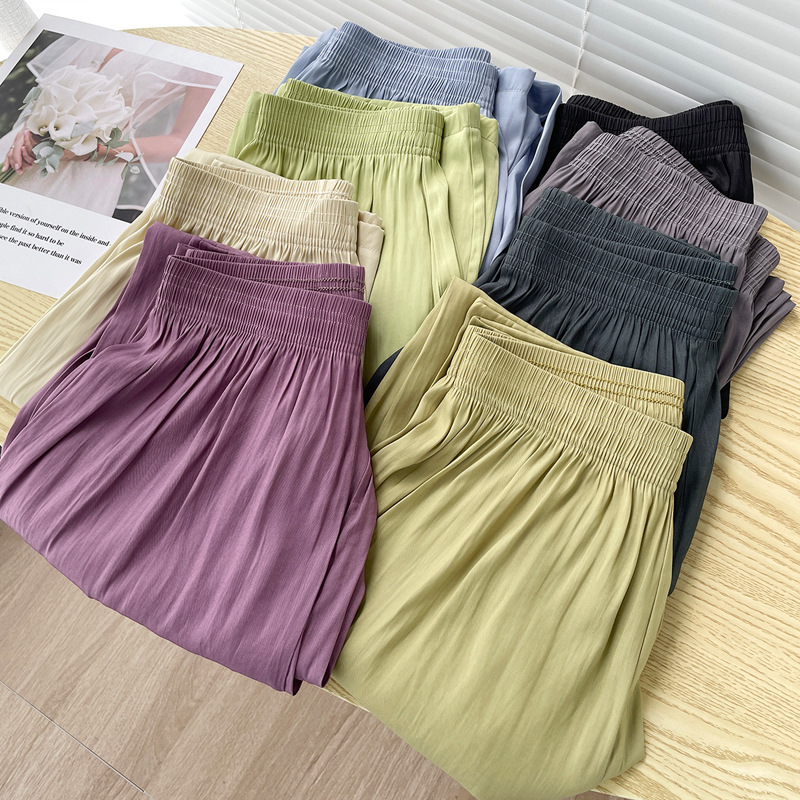 Ice Silk Wide Leg Cool Pants Sun-Proof Trousers 2023 Summer Women's High Waist Straight Casual Pants Elastic Waist Draping Effect Trousers