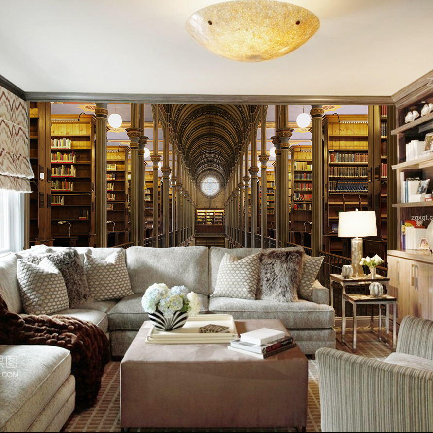 3d视觉延伸空间复古怀旧欧式建筑图书馆书架背景墙纸网红壁画壁纸