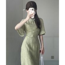 绿色新中式夏季设计感大袖民国风旗袍复古素雅日常年轻遮肉款少女