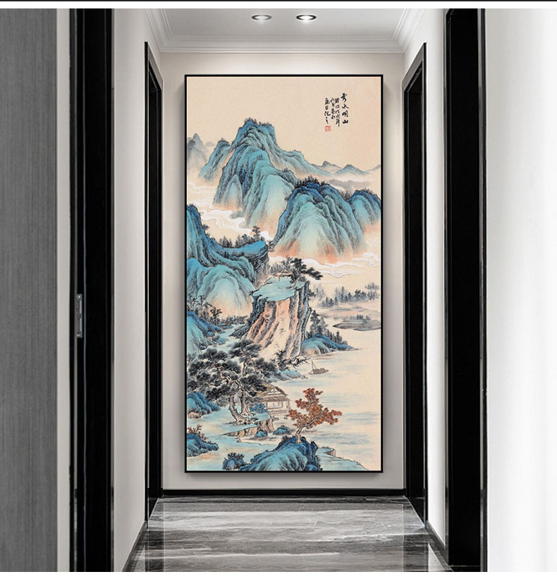 中式山水国画玄关晶瓷画客厅进门走廊过道尽头挂画