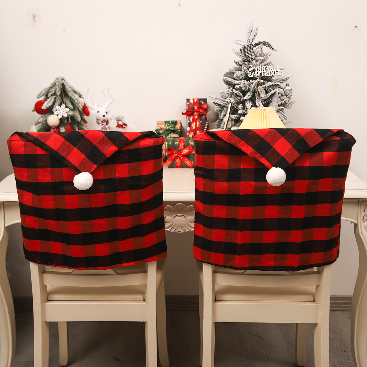 Christmas Decorations New Checked Cloth Chair Cover with Fur Ball Atmosphere Table and Chair Cover Kitchen Dress up Props Wholesale