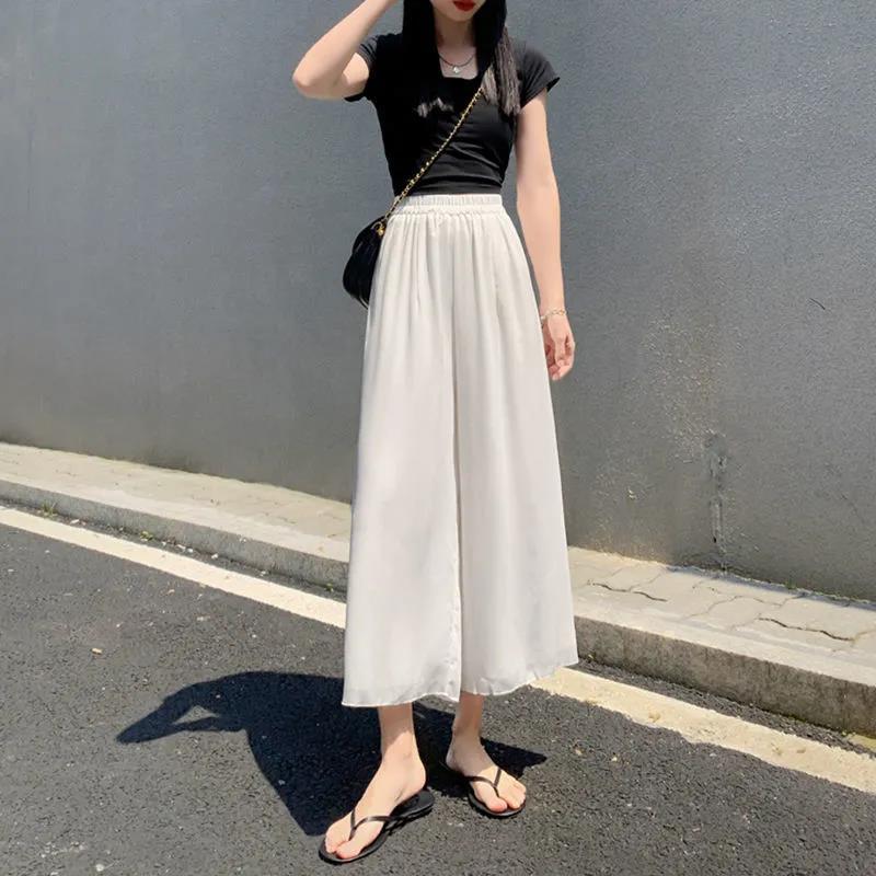 外贸雪纺九分阔腿裤女夏季薄款高腰垂感白色显瘦休闲九分宽腿裙裤